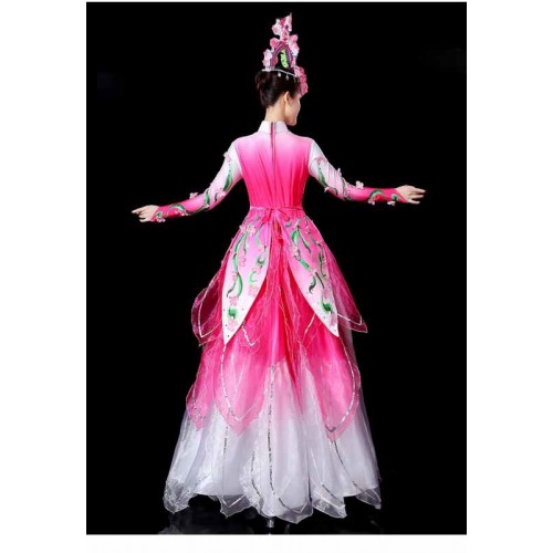 Pink yellow flowers petals flamenco dance dresses for women girls chinese folk opening choir  fairy ballroom dance long skirts for female